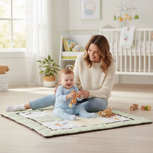 FAO Schwarz Quilted Baby Blanket Safari Animals Green Brown Squares